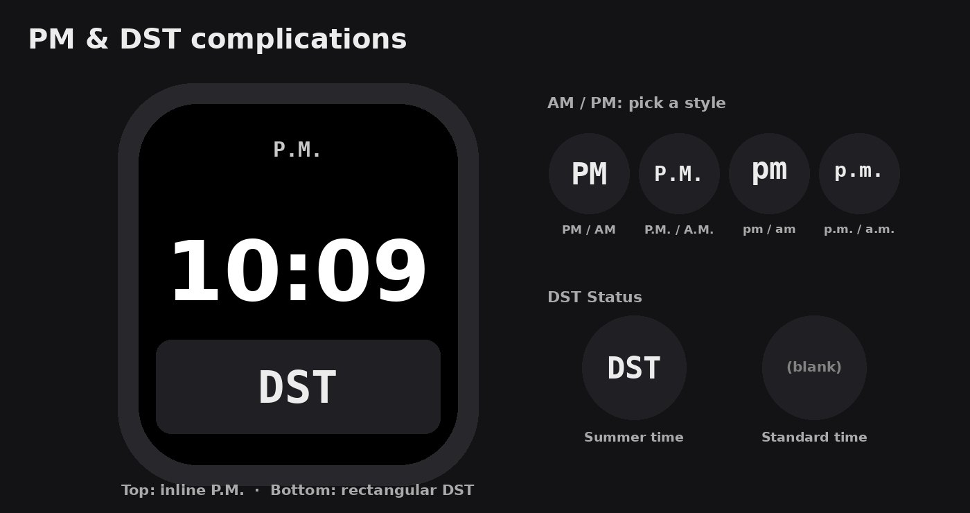 PM & DST complications on a watch face